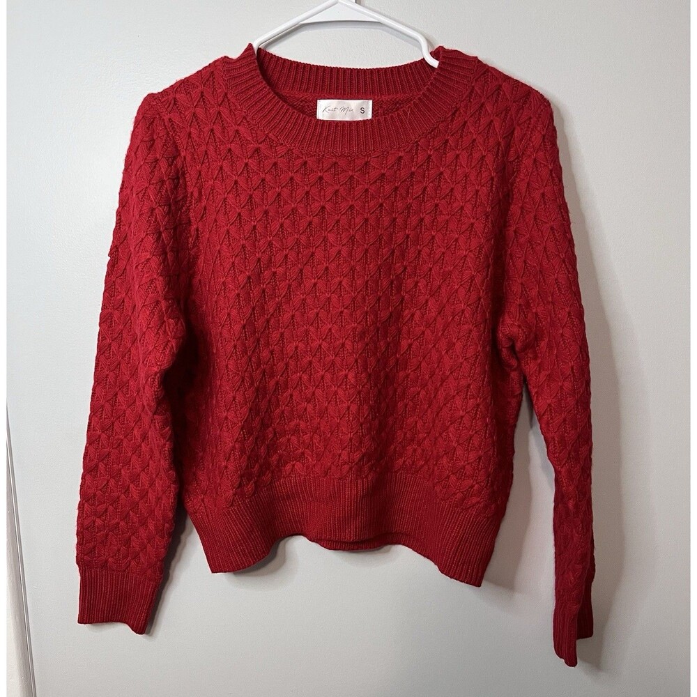 Knit Mix Red Crochet Sweater Women’s Small Boho Pullover Long Sleeve Warm Winter